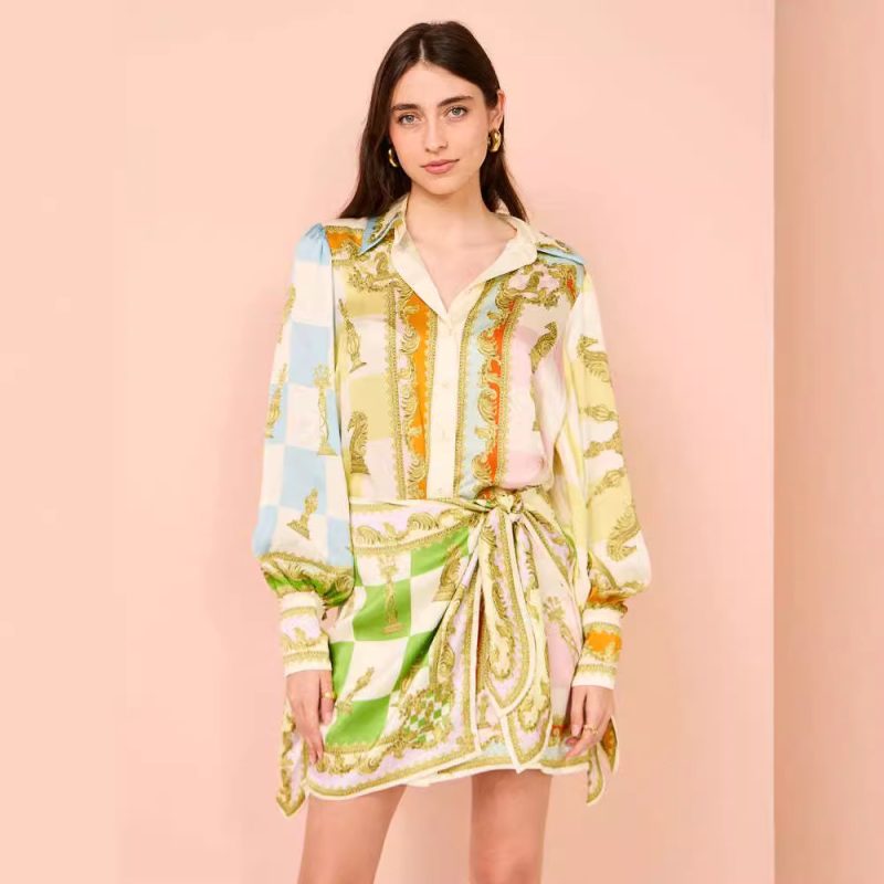 Chic Lantern Sleeve Positioning Print Casual Dress