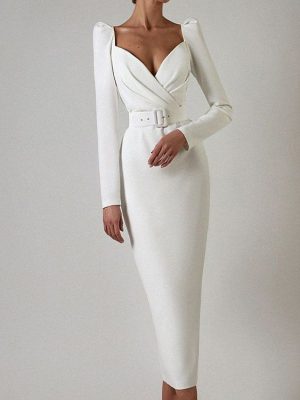 Cross-Design Low-Cut Long Sleeve Slim Fit Dress