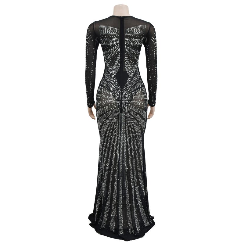 Women Solid Mesh Rhinestone Long Sleeve Dress - Image 2