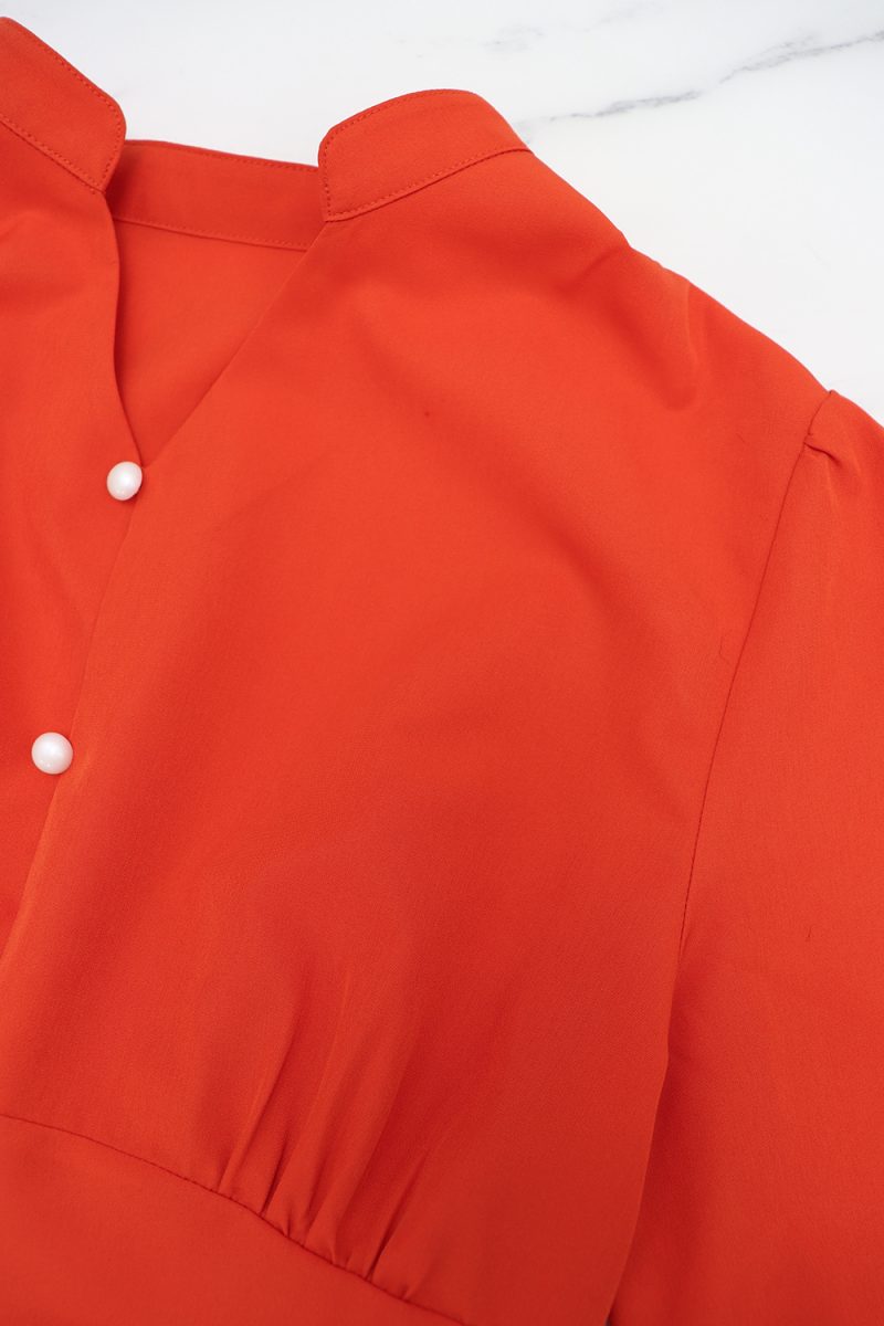Solid Color V-Neck Button A-Line Dress - Image 4
