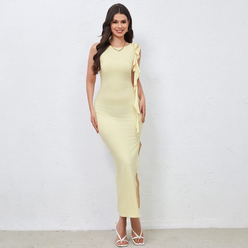 Milk Silk Side Slit Shoulder Ribbon Dress - Image 4