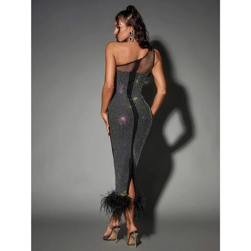 One Shoulder Mesh Rhinestone Feather Bandage Dress - Image 2