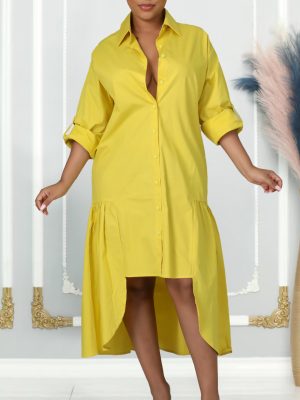 Summer Asymmetric Long Sleeve Solid Midi Dress