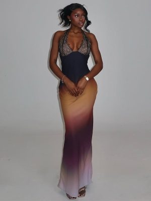 Halter Backless Lace Stitching Color Changing Dress