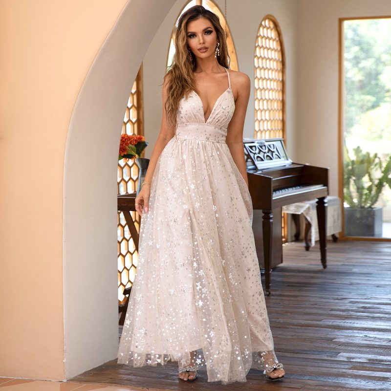 Summer Mesh Backless Deep V Maxi Dress