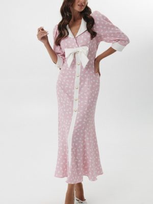 Digital Print Polo Collar Bow Sheath Midi Dress