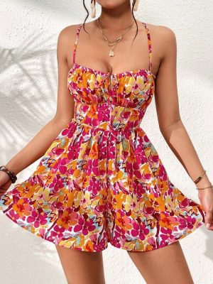 Short Floral Dress with Square Neck for Summer