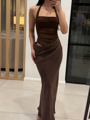 Autumn Winter Slim Fit Backless Lace-Up Halter Dress
