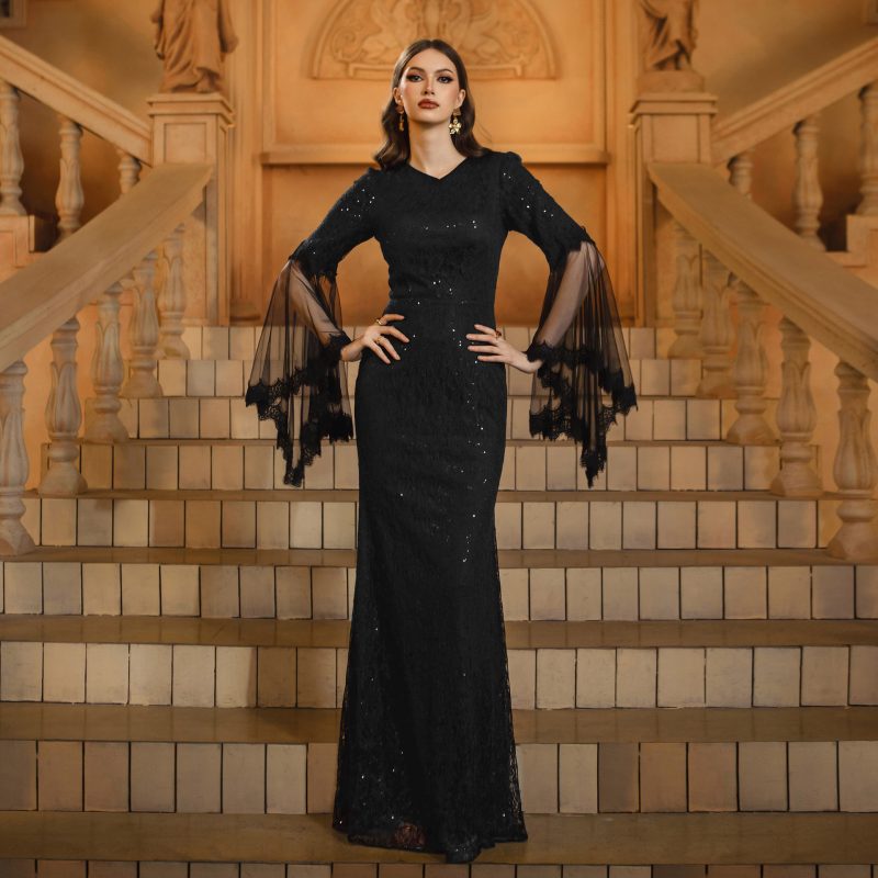 Women’s Long Sleeve Sequin V-Neck Fishtail Dress