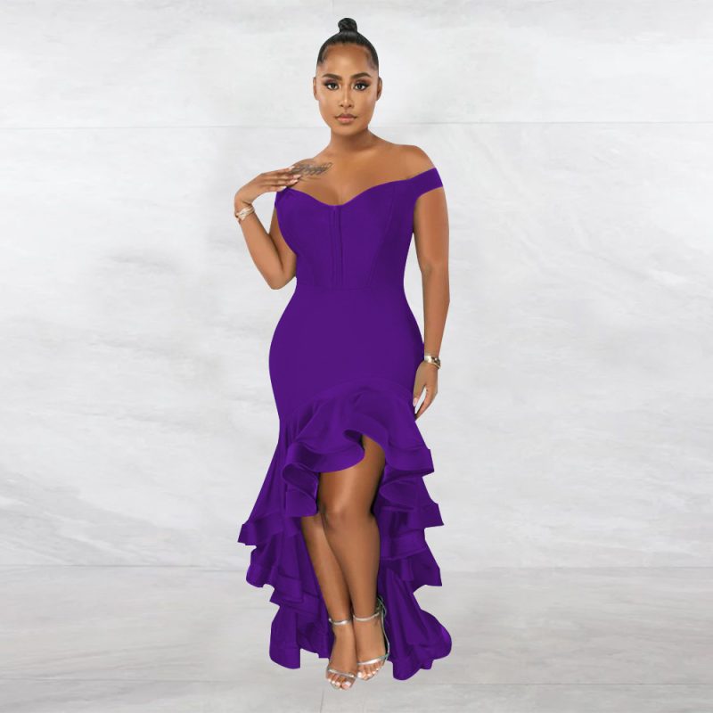 Elegant Flounce Fishtail Solid Color V Neck Dress - Image 3
