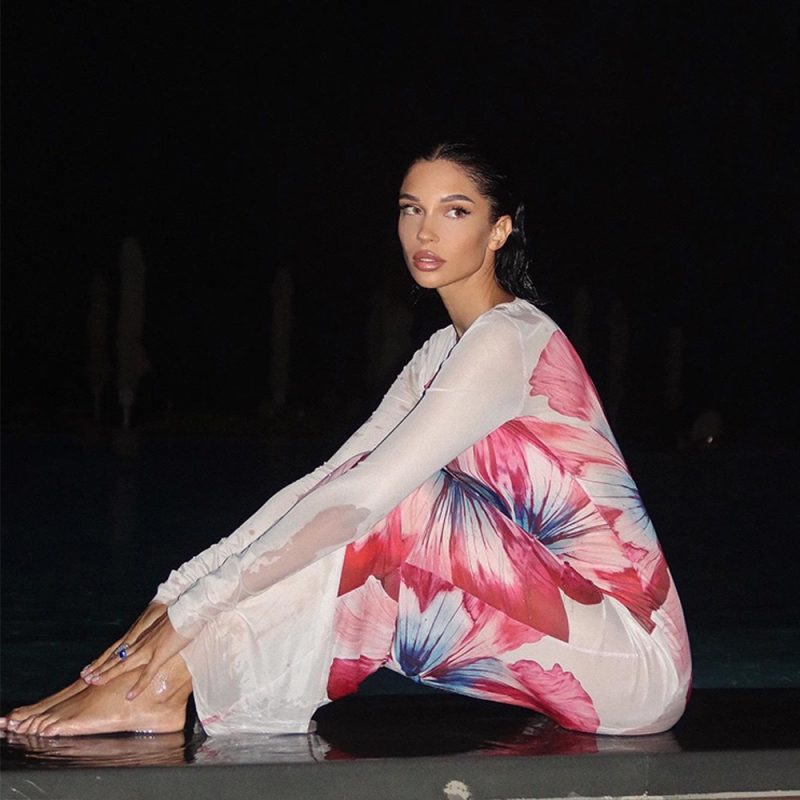 Women’s Summer Sheer Long Sleeve Printed Dress - Image 3