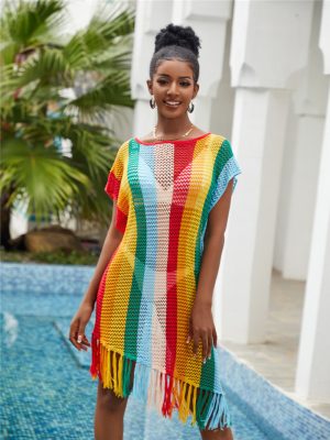 Cutout Tassel Beach Shirt with Striped Design
