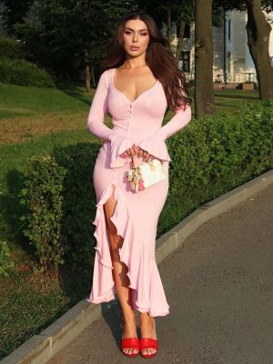 Elegant Flounce Dress with Slit and V-Neck