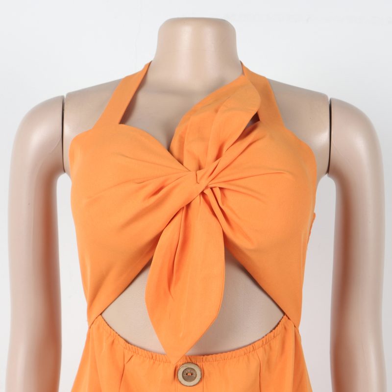 Elegant Solid Color Twist Halter Smocked Dress - Image 4
