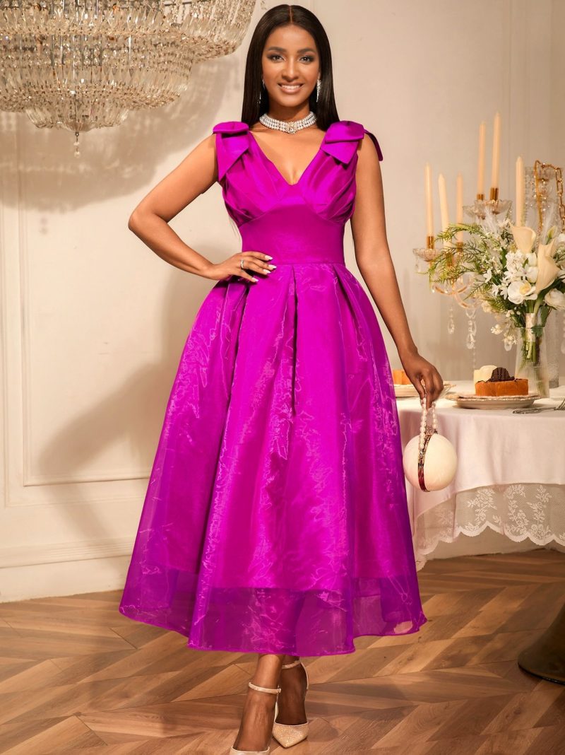 Elegant V-Neck Bow Slim Party Dress - Image 2
