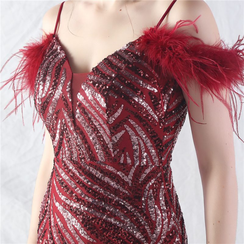 Women’s Ostrich Feather Sequin Mesh Evening Dress - Image 3