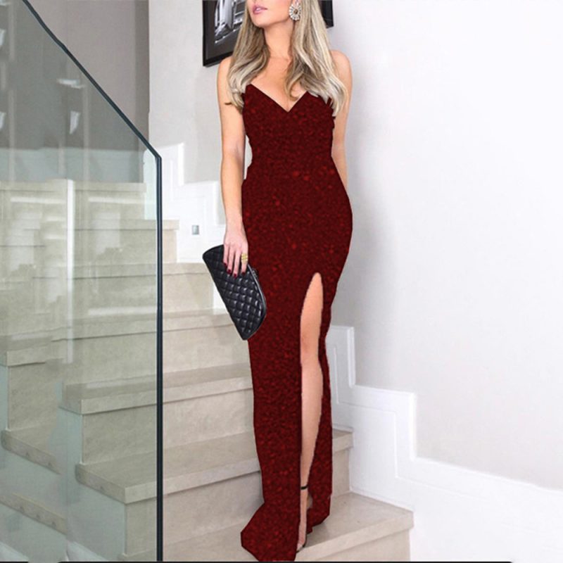 Trendy Women’s Summer Sequined Suspender Slit Formal Dress