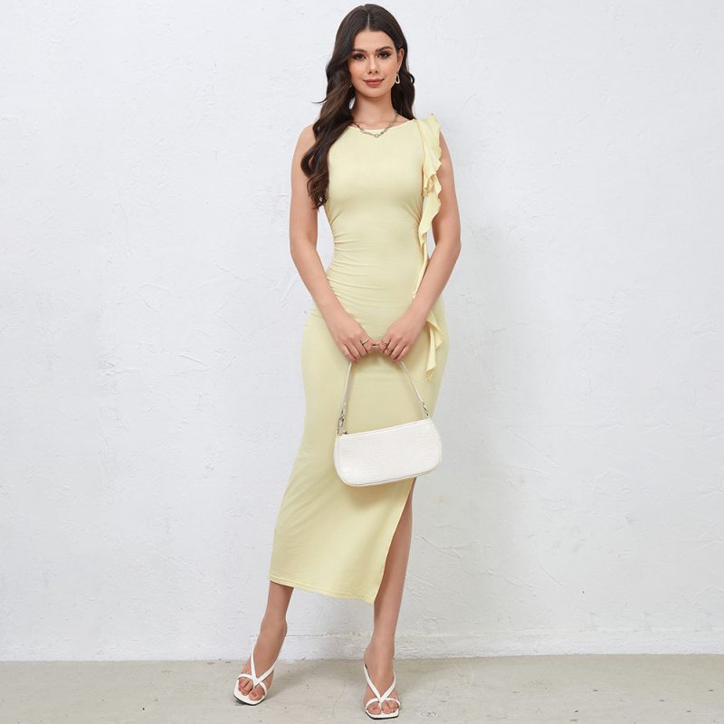 Milk Silk Side Slit Shoulder Ribbon Dress