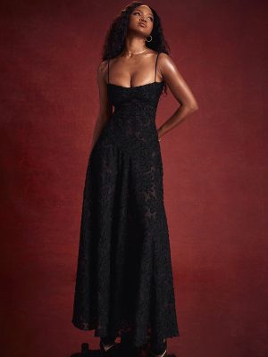 Women Black See-Through Backless Maxi Evening Dress