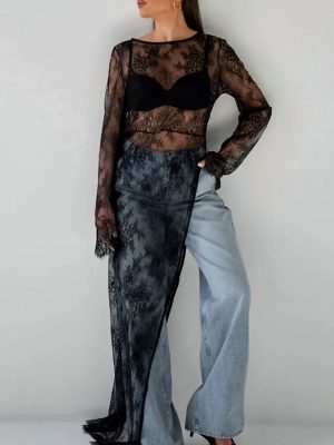 Black Lace See Through Asymmetric Maxi Dress