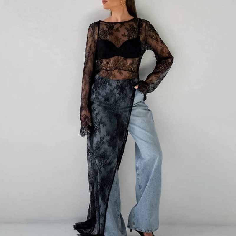 Black Lace See Through Asymmetric Maxi Dress