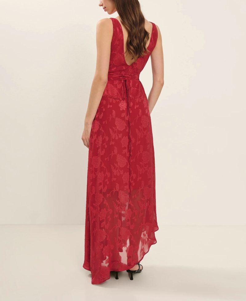 Women’s Red Lace Backless Asymmetric Jacquard Dress - Image 2