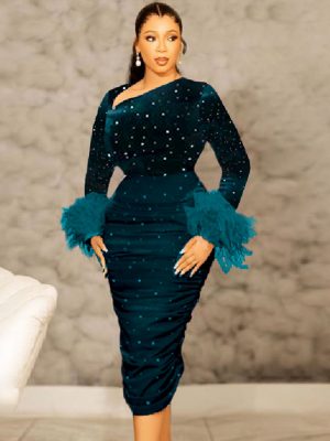 Trendy Asymmetric Collar High Waist Shiny Party Dress
