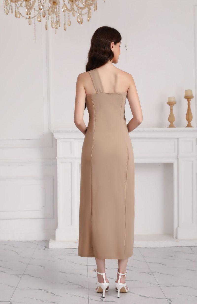Elegant Asymmetric One-Shoulder Floral Brooch Summer Dress - Image 3