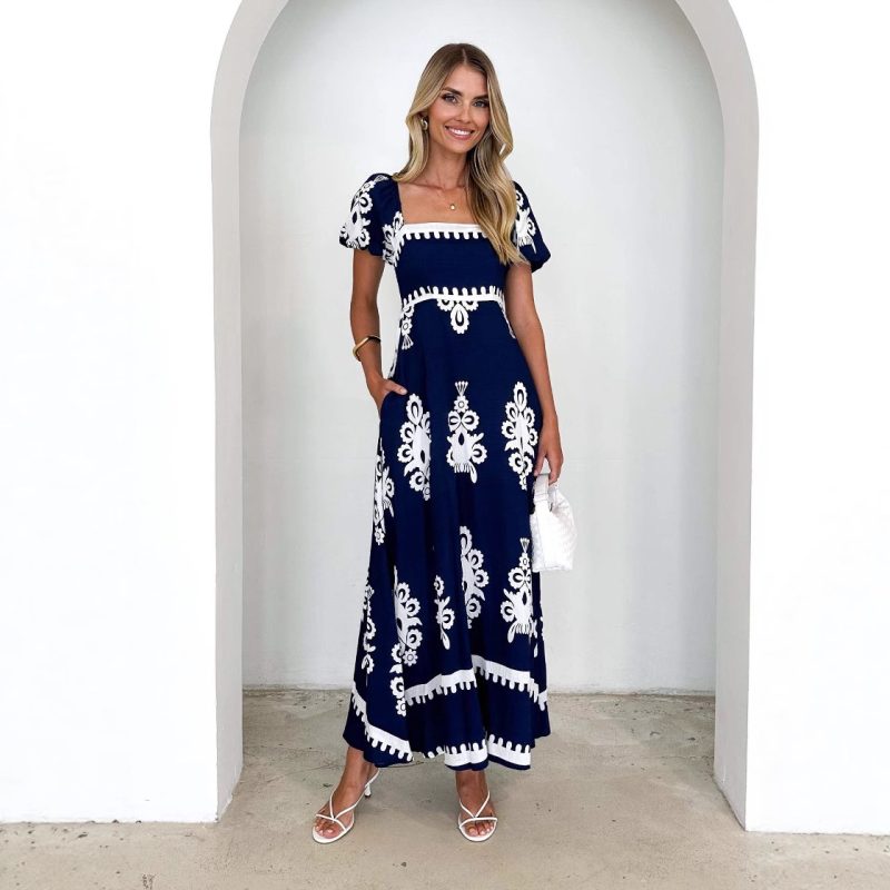 Summer Vacation Printed Smocked Beach Dress