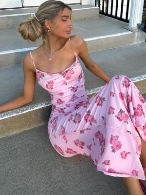 Women’s Summer Pink Floral Slim Strap Dress