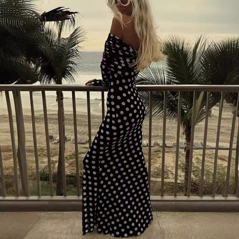Spring Summer Off Shoulder Polka Dot Dress - Image 4