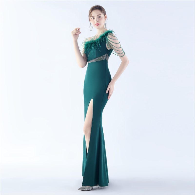 Rhinestone Beaded One Shoulder Feather Evening Dress - Image 2