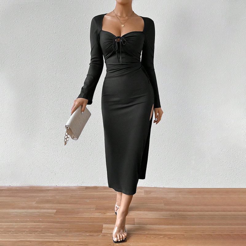 Autumn Winter Square Neck Slit Midi Dress - Image 3