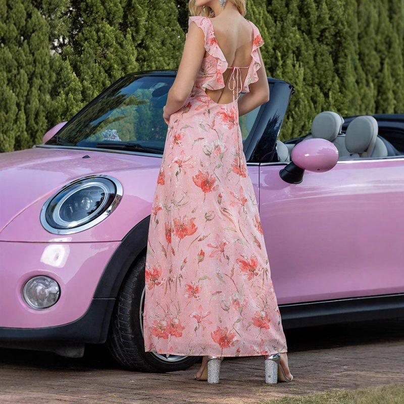 Women Summer Printed Lace-Up Backless Swing Dress - Image 4