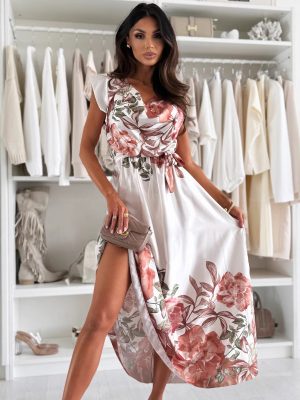 Summer Floral Lace-Up Waist Maxi Dress Women
