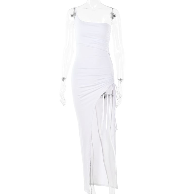 Spring One Shoulder Ruched High Split Maxi Dress - Image 4