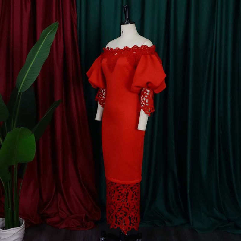 Classic Off-Shoulder Neck Elegant Lace Stitching Dress - Image 4