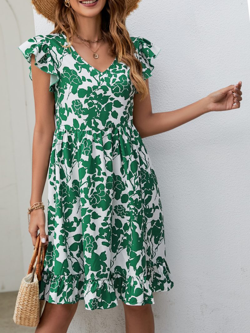 Leaf Print V-Neck Ruffle Summer Dress - Image 2