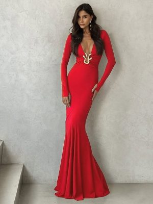 Women’s Autumn Solid Color Deep V Cutout Dress