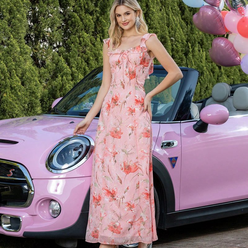 Women Summer Printed Lace-Up Backless Swing Dress