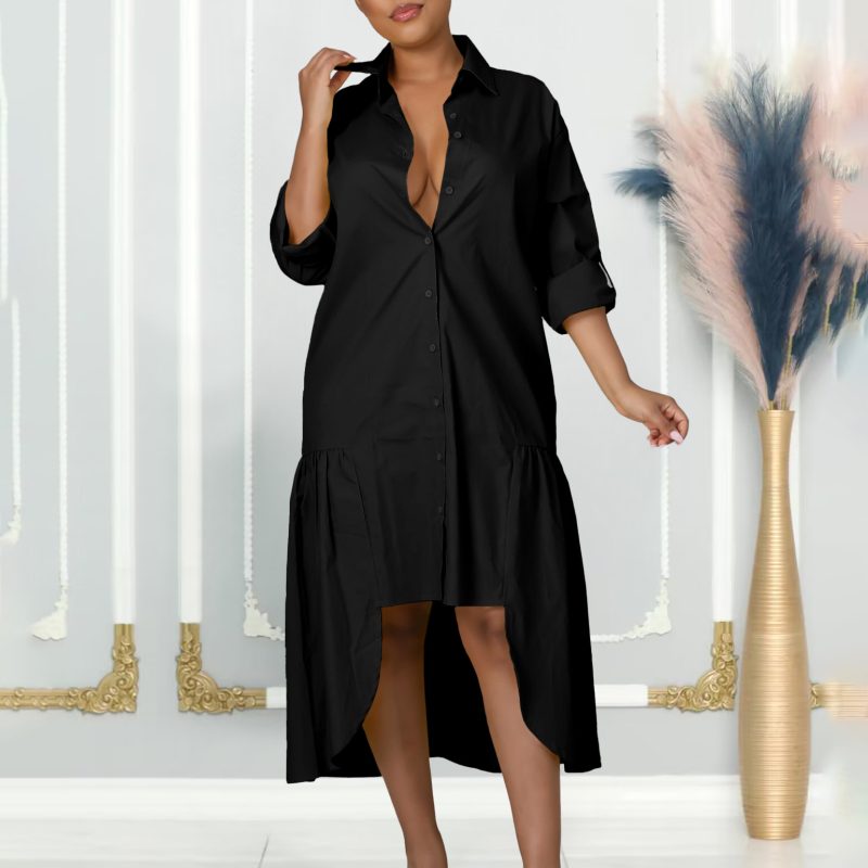 Summer Asymmetric Long Sleeve Solid Midi Dress - Image 4