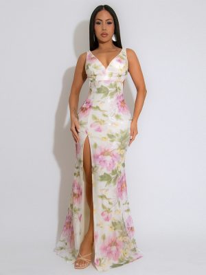 Printed Velvet Sequin Dress with Deep V-Neck