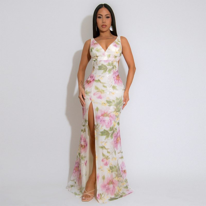 Printed Velvet Sequin Dress with Deep V-Neck