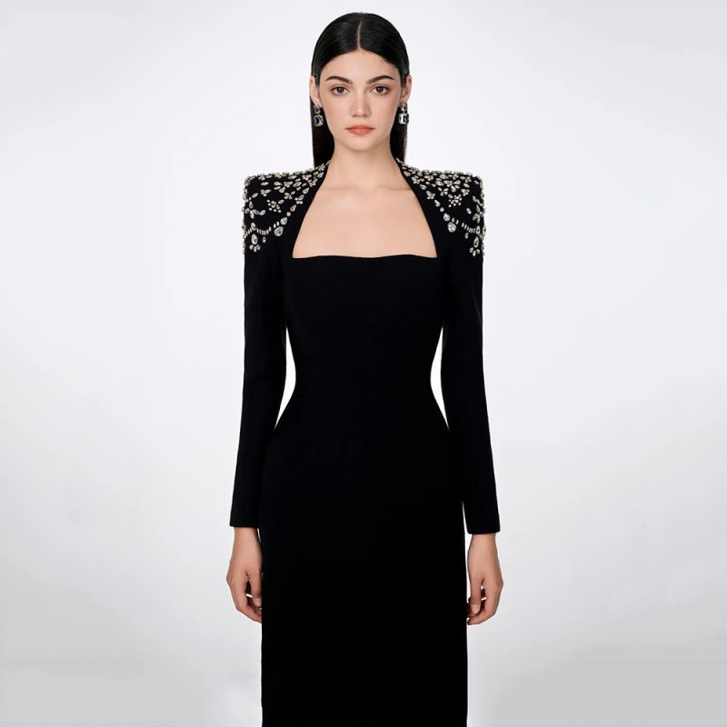 Elegant Square Neck Diamond Long Sleeve Bandage Dress