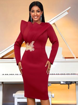 Women’s Embroidered Long Sleeve Midi Evening Dress