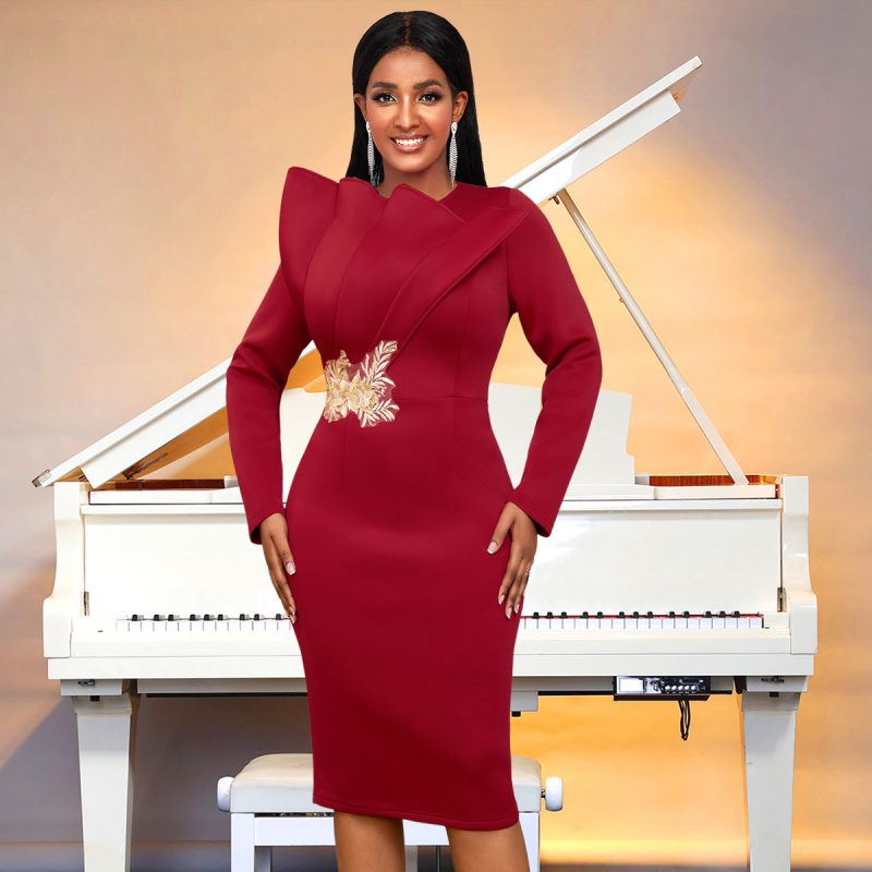 Women’s Embroidered Long Sleeve Midi Evening Dress
