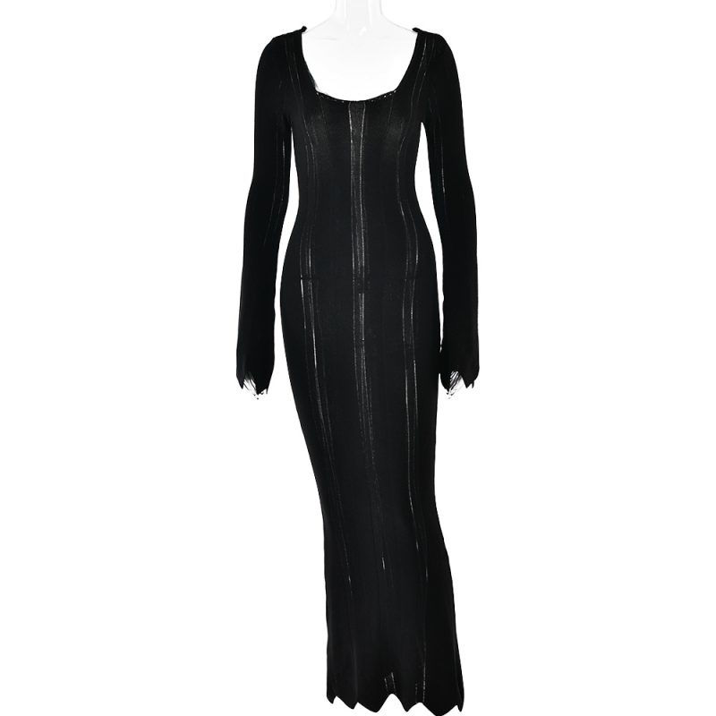 Spring Long Sleeve U-Neck Backless Woolen Dress - Image 4