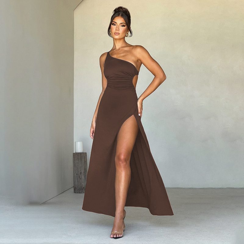 Backless Cold Shoulder High Slit Maxi Dress