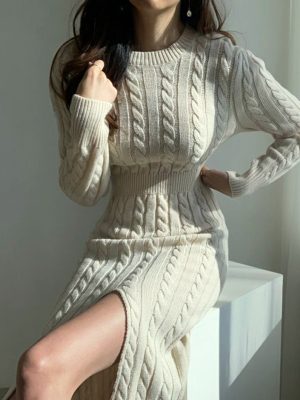 Personality-Packed Round Neck Split Sweater Dress Women