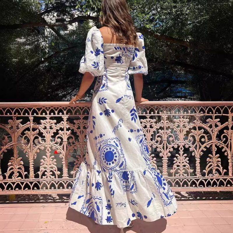 Casual Printed Swing Dress with Lantern Sleeves Women - Image 2